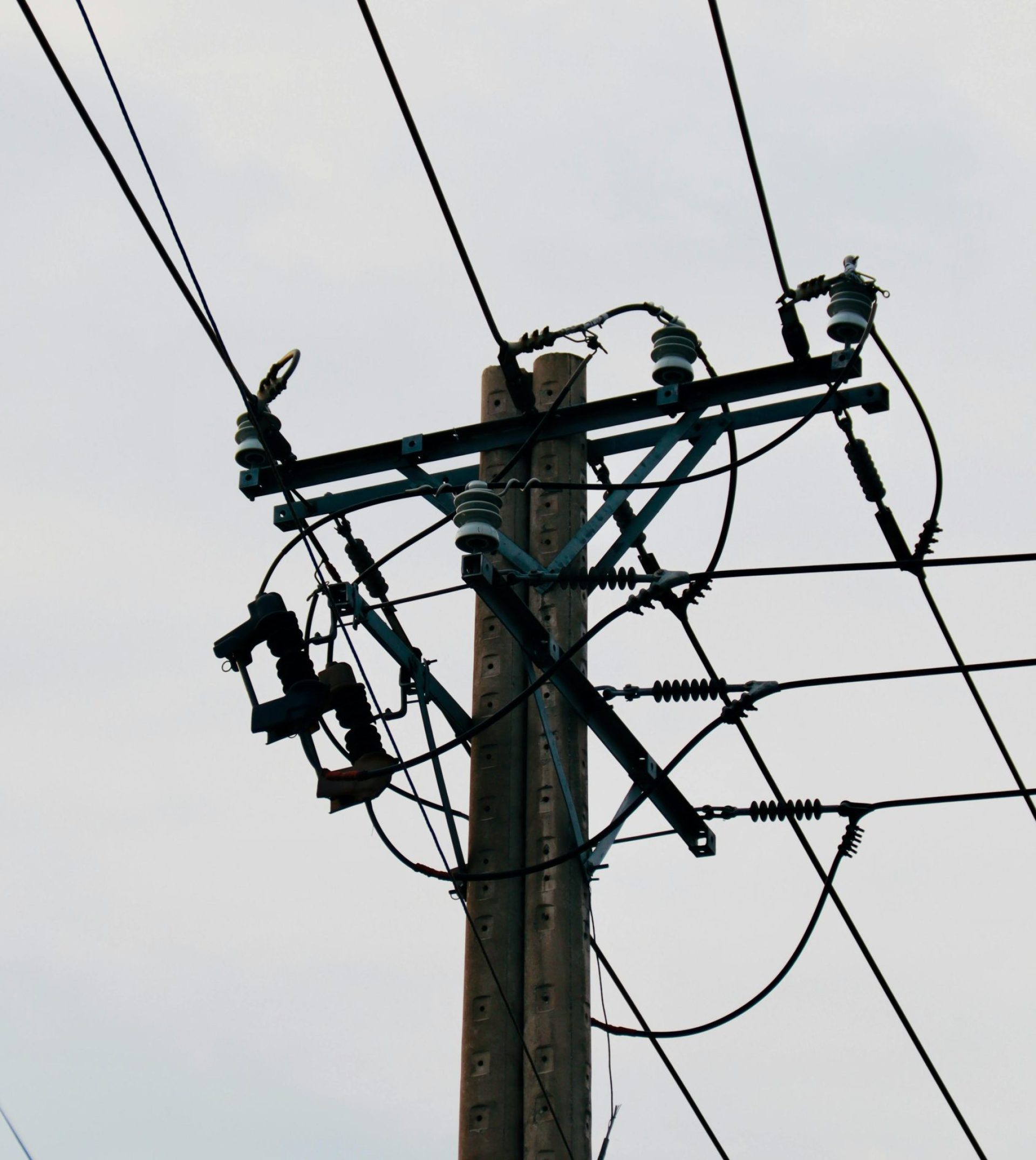 Close-up view of a utility pole with power lines, showcasing urban infrastructure.